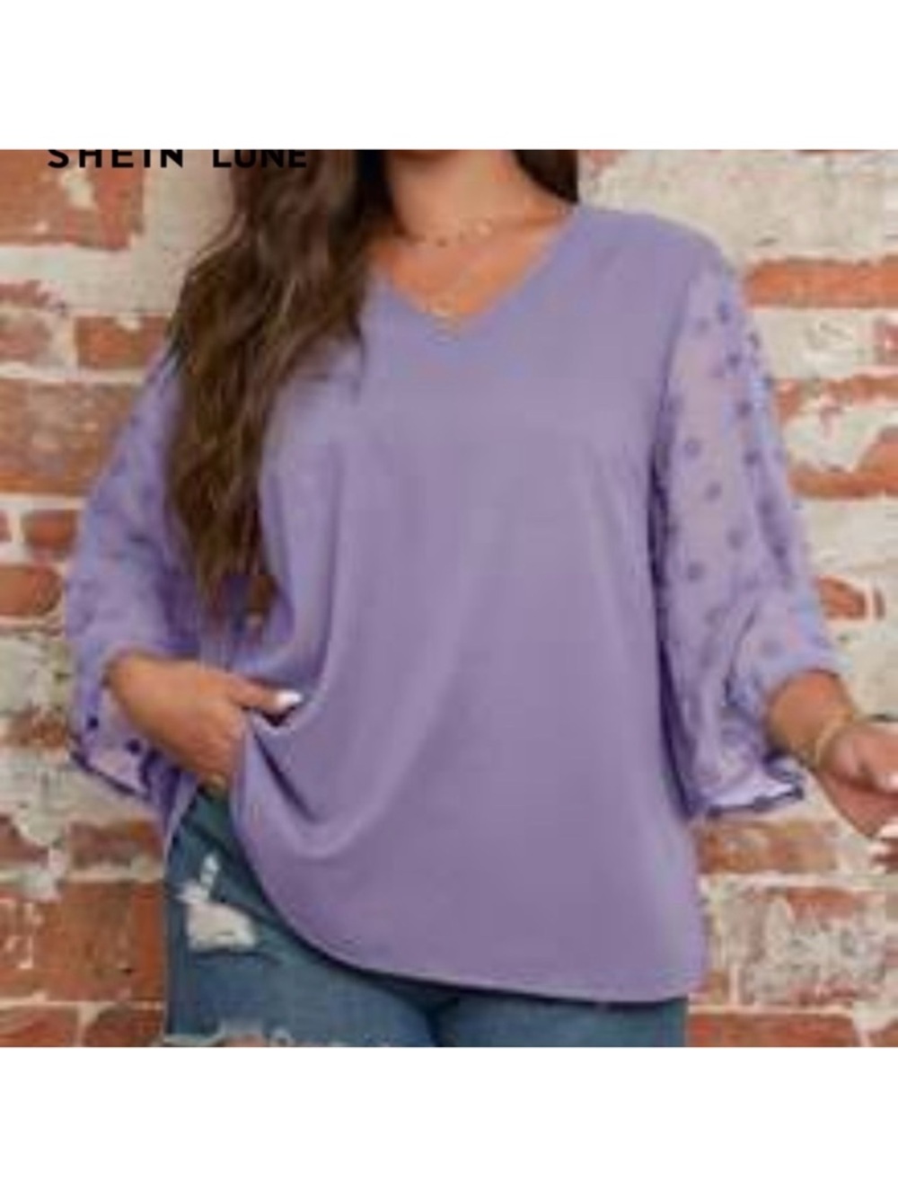 SHEIN Lavender V-Neck Blouse with Dotted Mesh Sleeves
